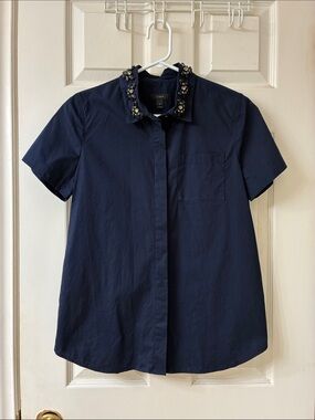 🌷3 for $25🌷J. Crew, US 6, Navy Blue   Button Down Rhinestone Collar Shirt